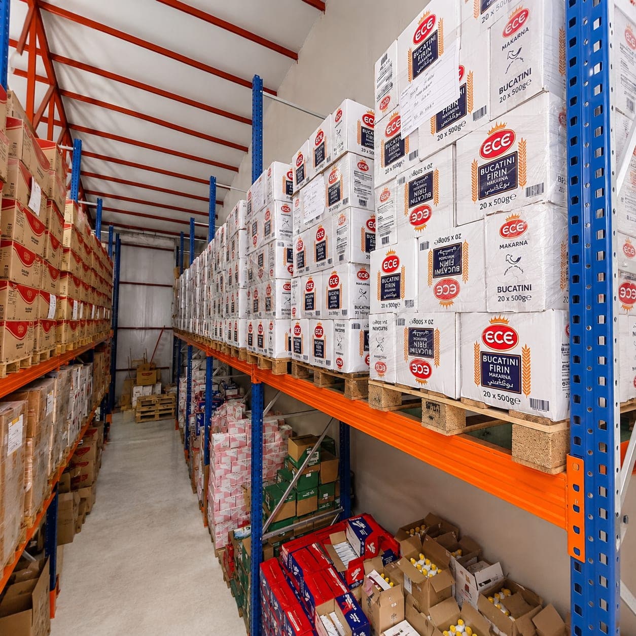 Palletised pasta cases on the racking at the ENTAM central warehouse