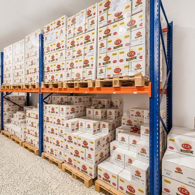 Palletised cases of pulses on the racking