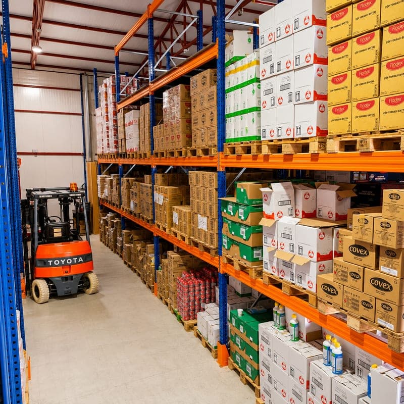 Cleaning and food products on the racking at the ENTAM central warehouse