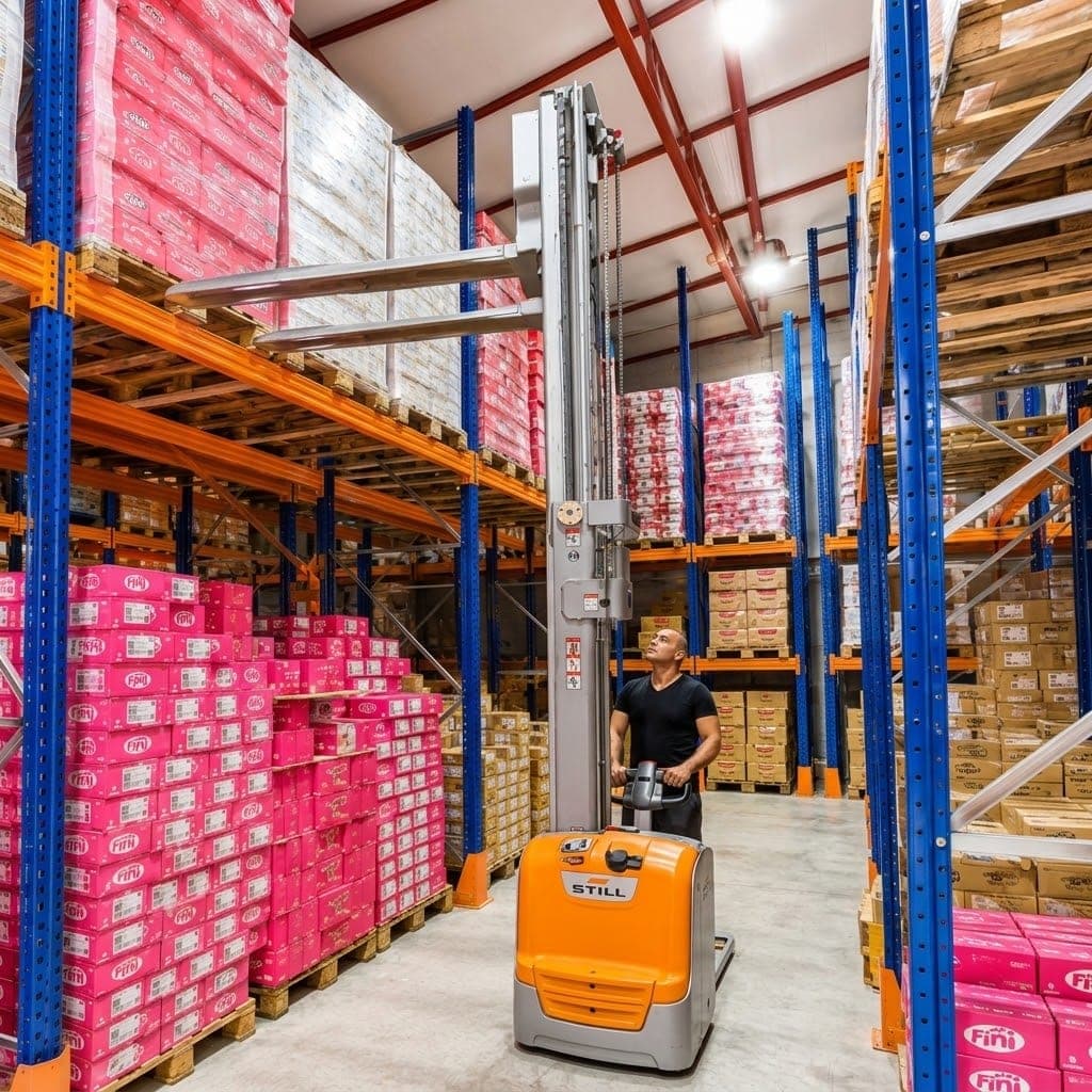 An ENTAM employee operating a stacker at the ENTAM central warehouse
