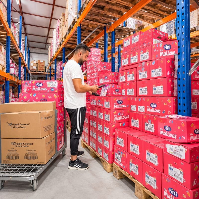An ENTAM employee checking confectionery cases in the warehouse