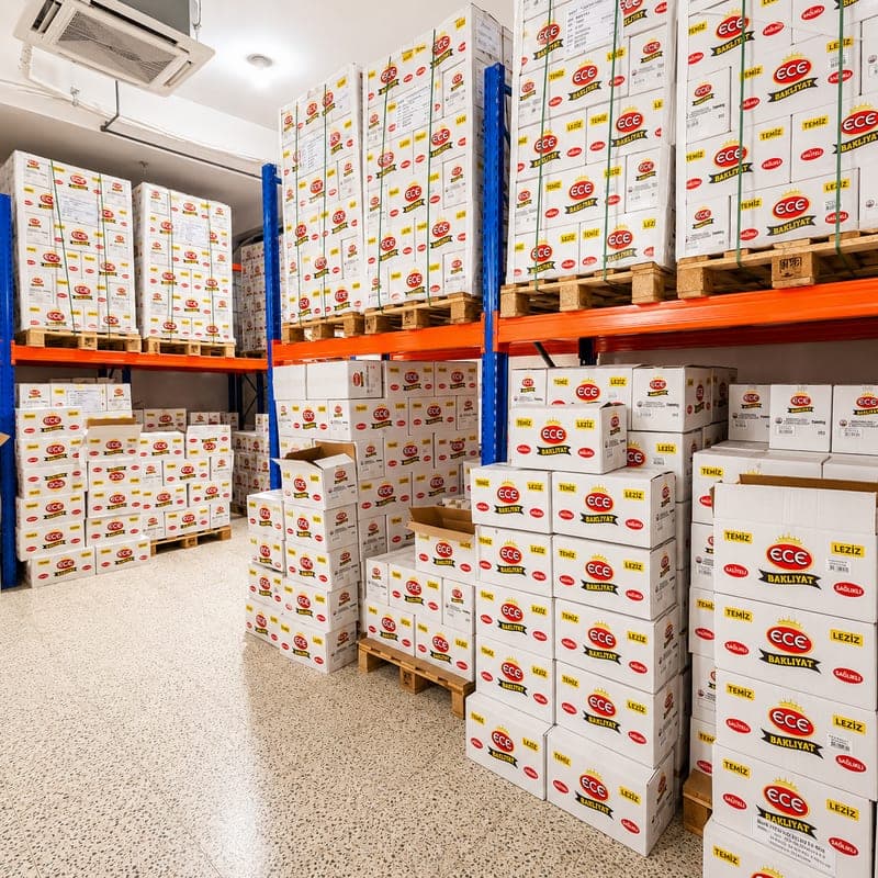 Cases of pulses stacked in the warehouse