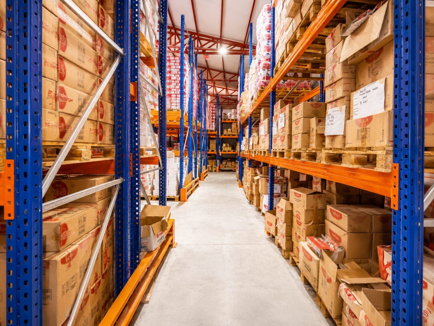 Product pallets stacked on the racking at the ENTAM central warehouse