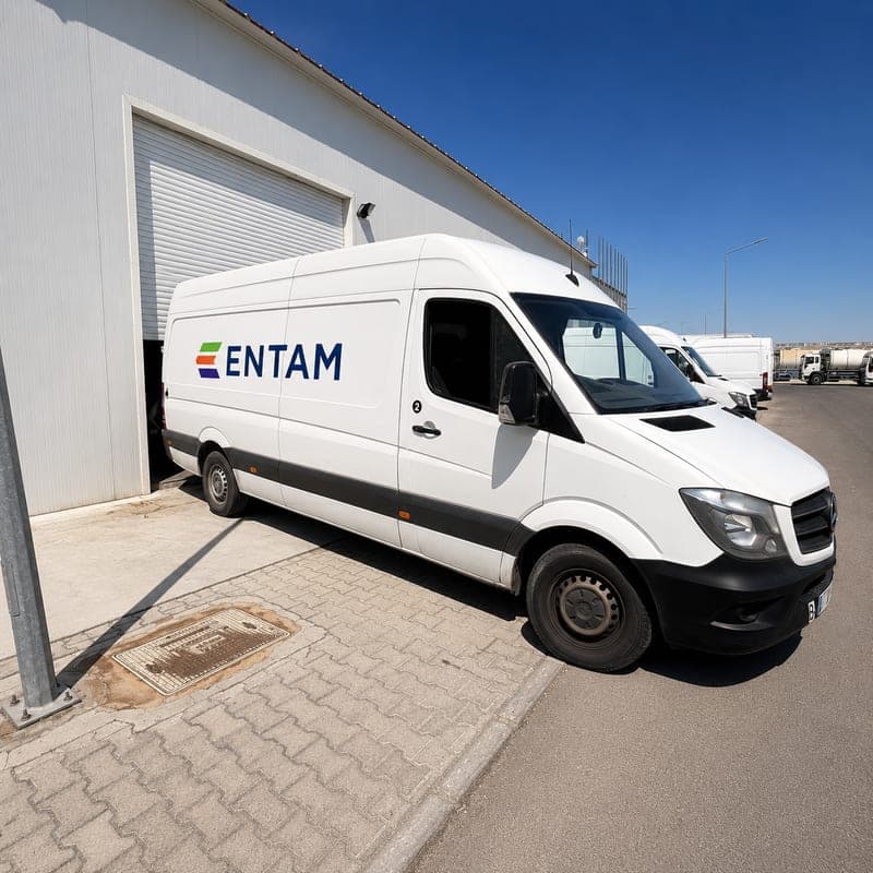 An ENTAM-branded distribution vehicle at the loading bay