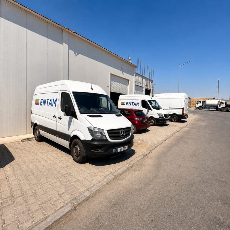 ENTAM-branded distribution vehicles lined up outside the warehouse