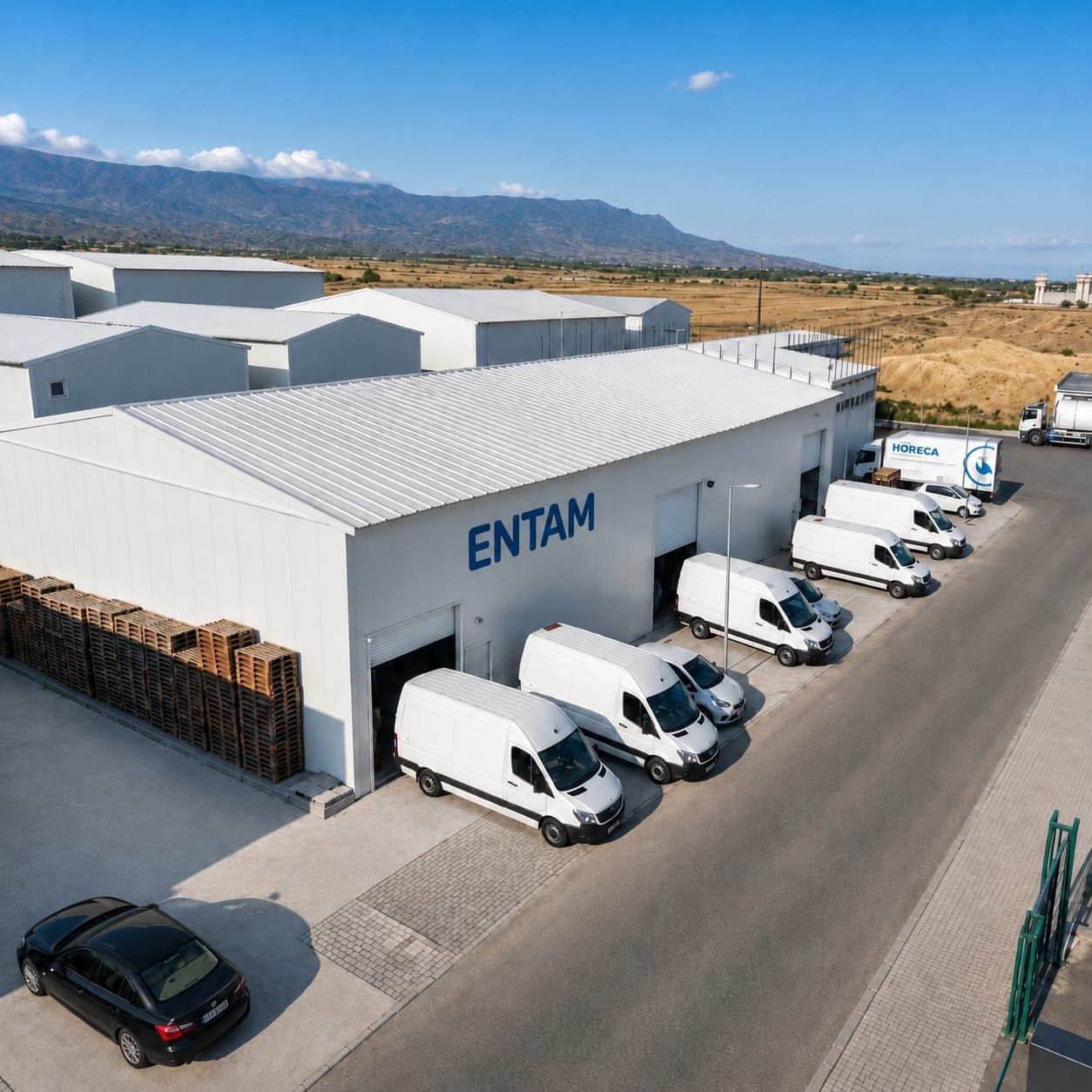 Aerial view of the ENTAM central warehouse and distribution fleet in Nicosia